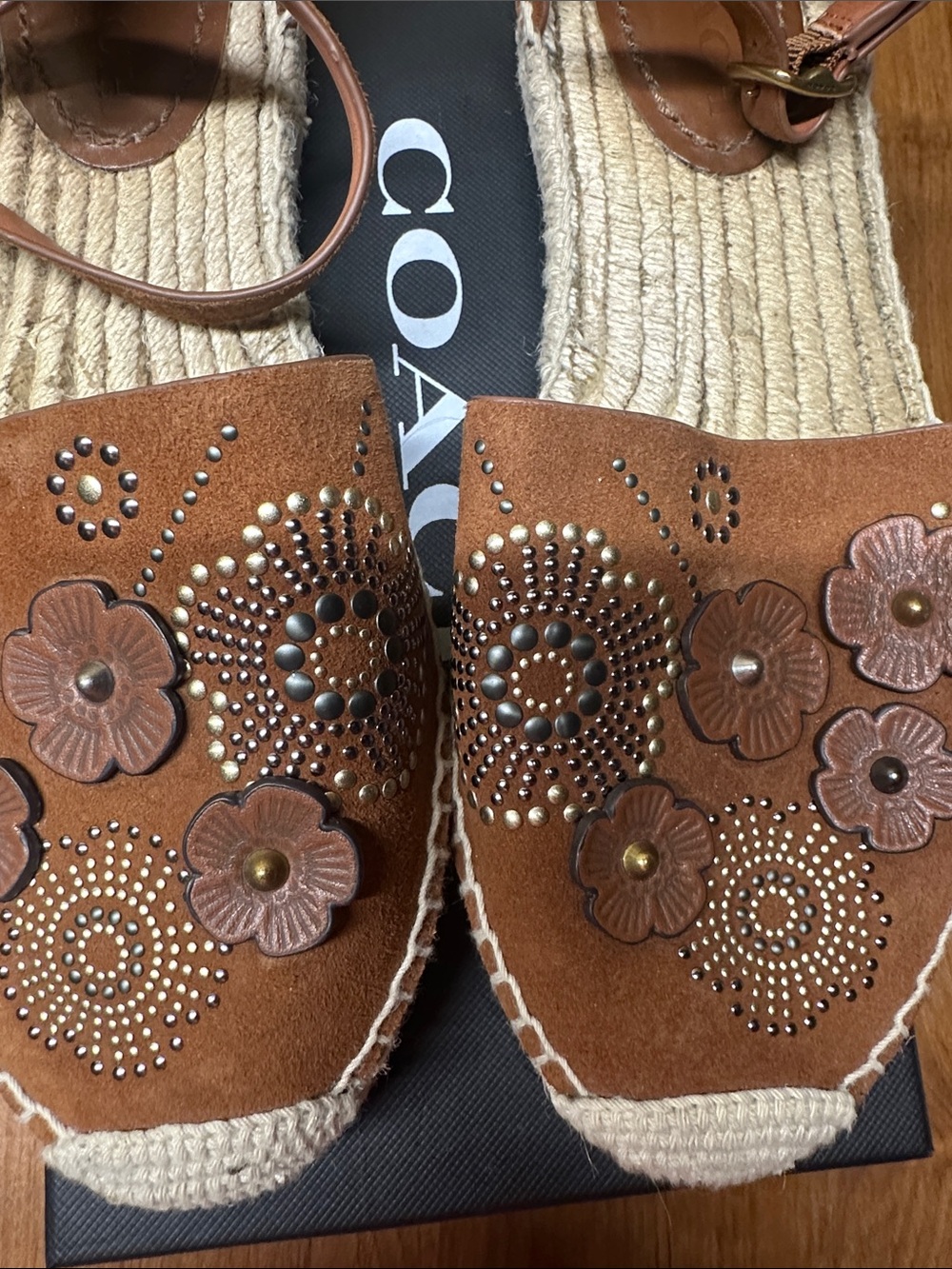 Coach Brown Leather Floral Espadrilles with Ankle Strap - Picture 3 of 8